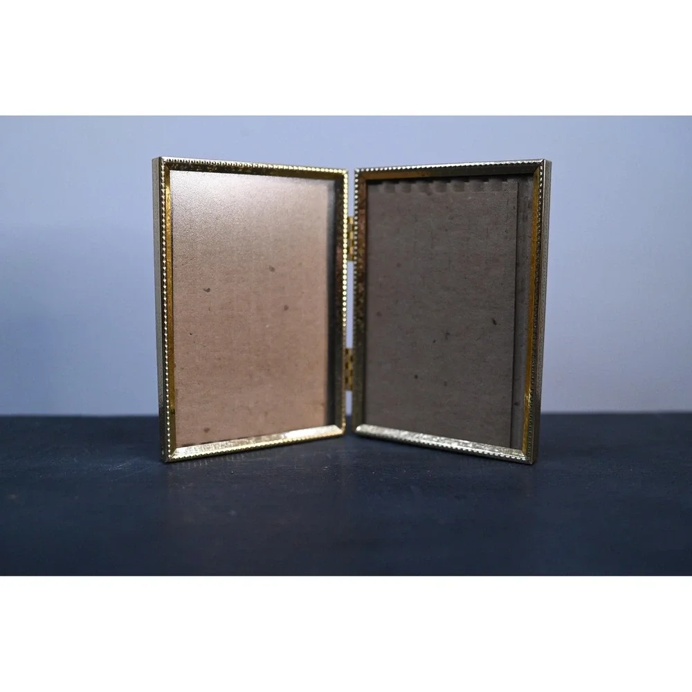 Vintage Double Brass Picture Frame 3.5x5 Beaded Gold Folding Tabletop Glass